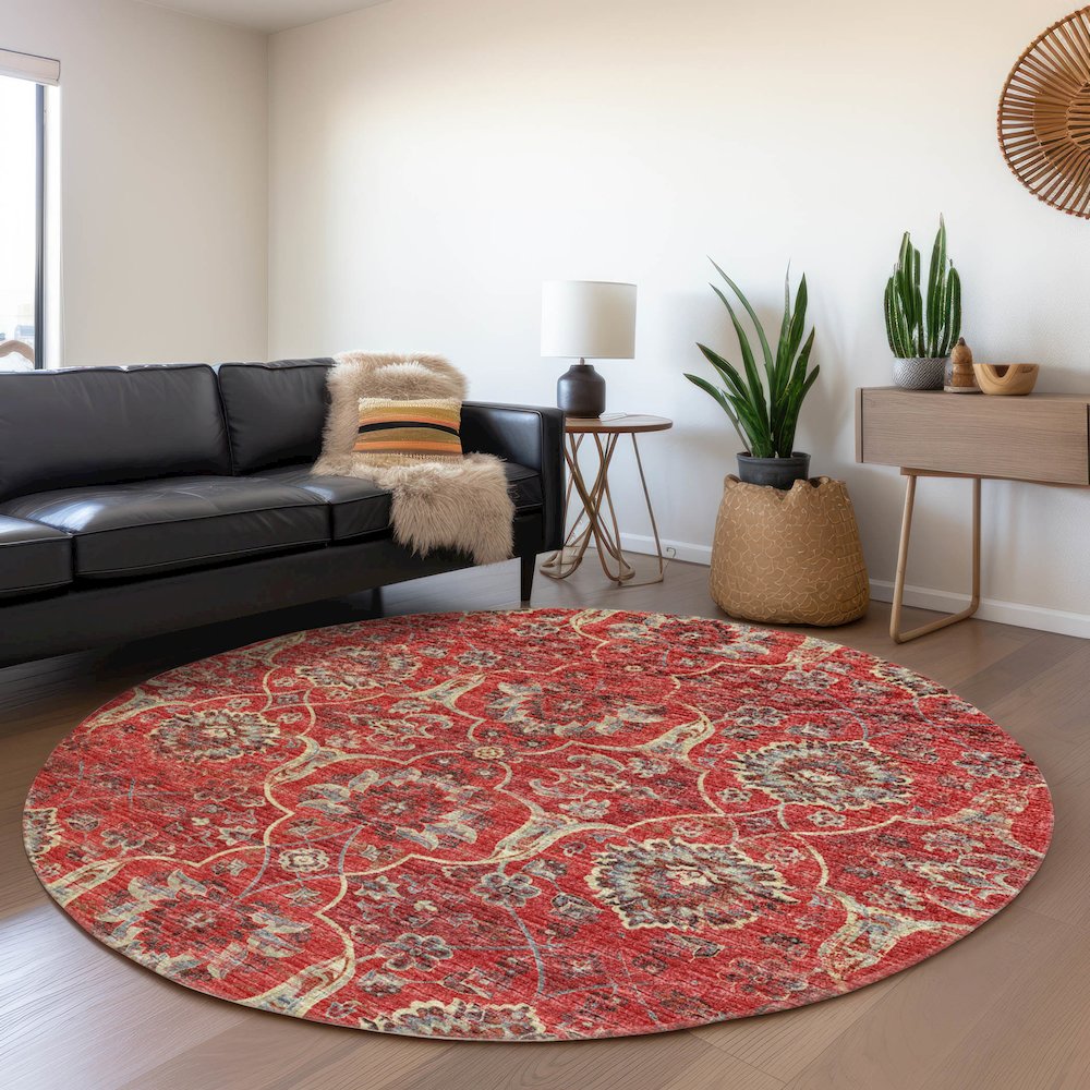 Premium Machine Washable Mayfield  Red 8' x 8' Round Rug. Picture 5