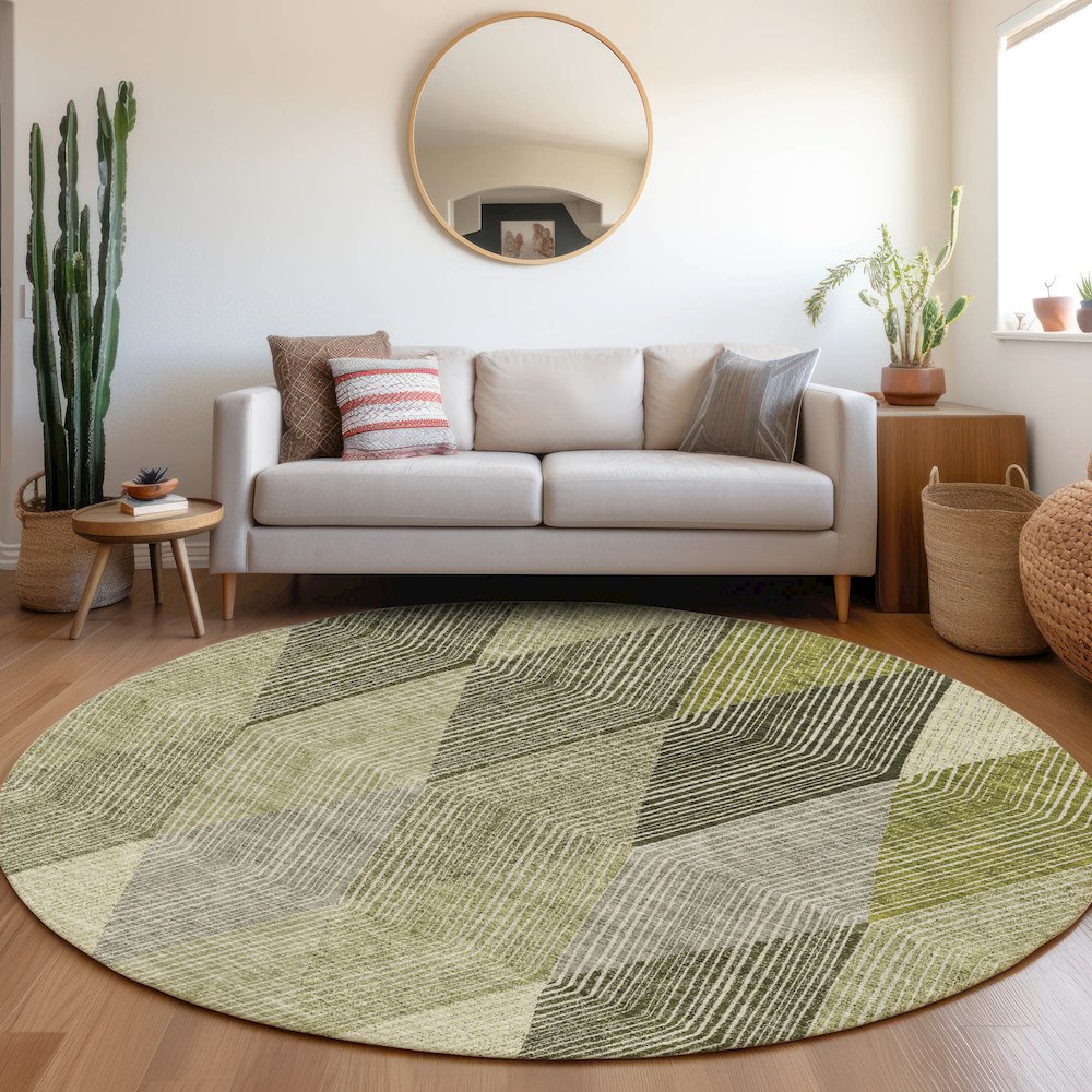 Premium Machine Washable Mayfield AMF962 Olive 8' x 8' Round Rug. Picture 5