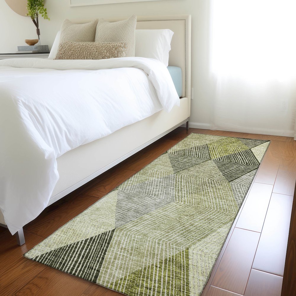 Premium Machine Washable Mayfield AMF962 Olive 2'3" x 7'6" Runner Rug. Picture 5