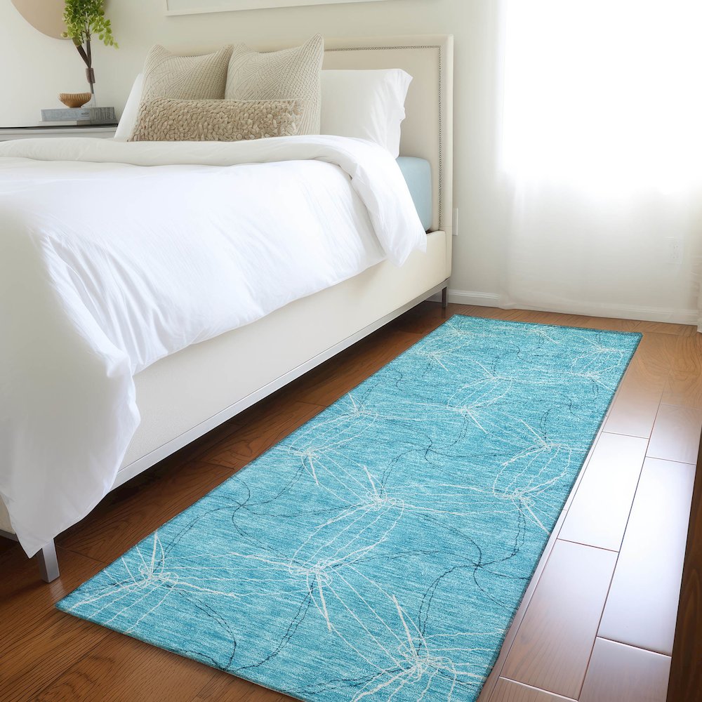 Premium Machine Washable Mayfield AMF968 Aqua 2'3" x 7'6" Runner Rug. Picture 5