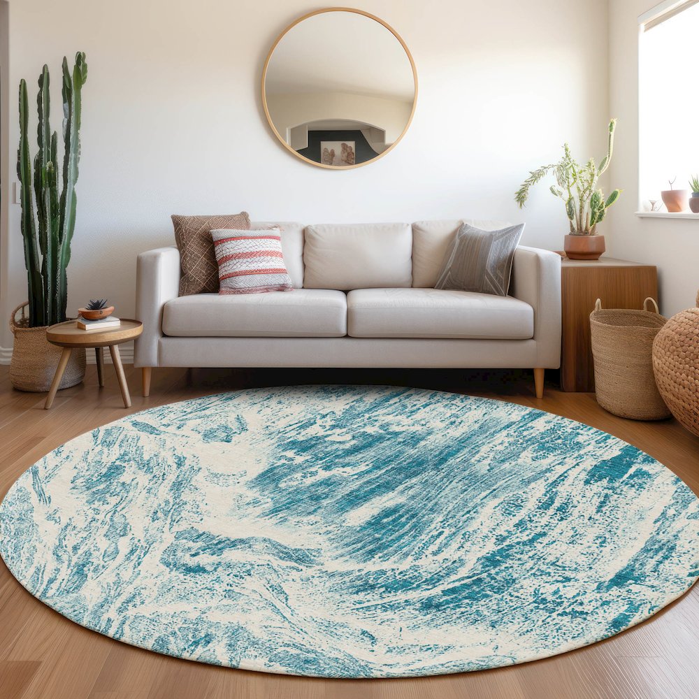 Premium Machine Washable Mayfield AMF971 Teal 8' x 8' Round Rug. Picture 5