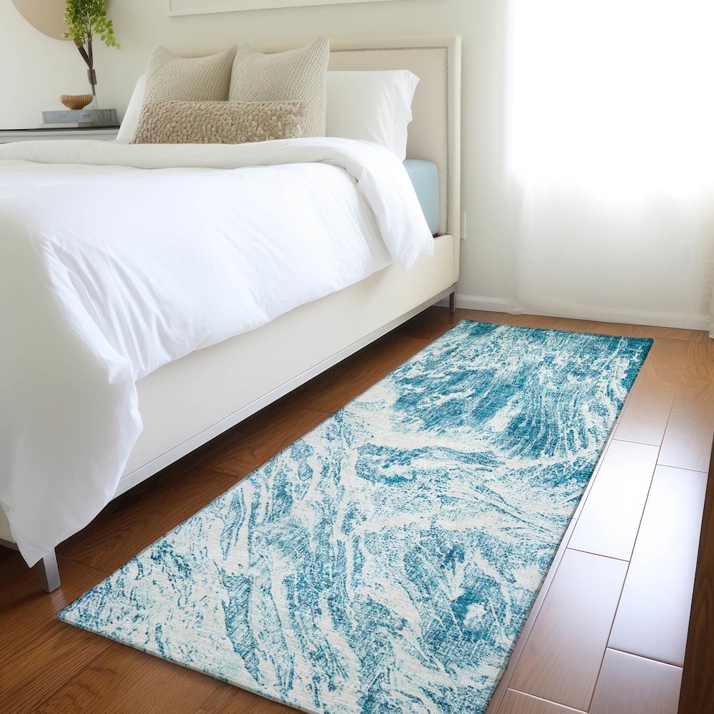 Premium Machine Washable Mayfield AMF971 Teal 2'3" x 7'6" Runner Rug. Picture 5