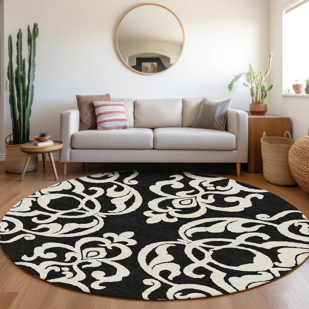 Premium Machine Washable Mayfield AMF973 Black 8' x 8' Round Rug. Picture 5
