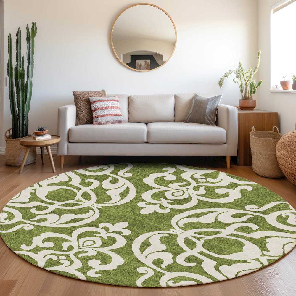 Premium Machine Washable Mayfield AMF973 Green 8' x 8' Round Rug. Picture 5