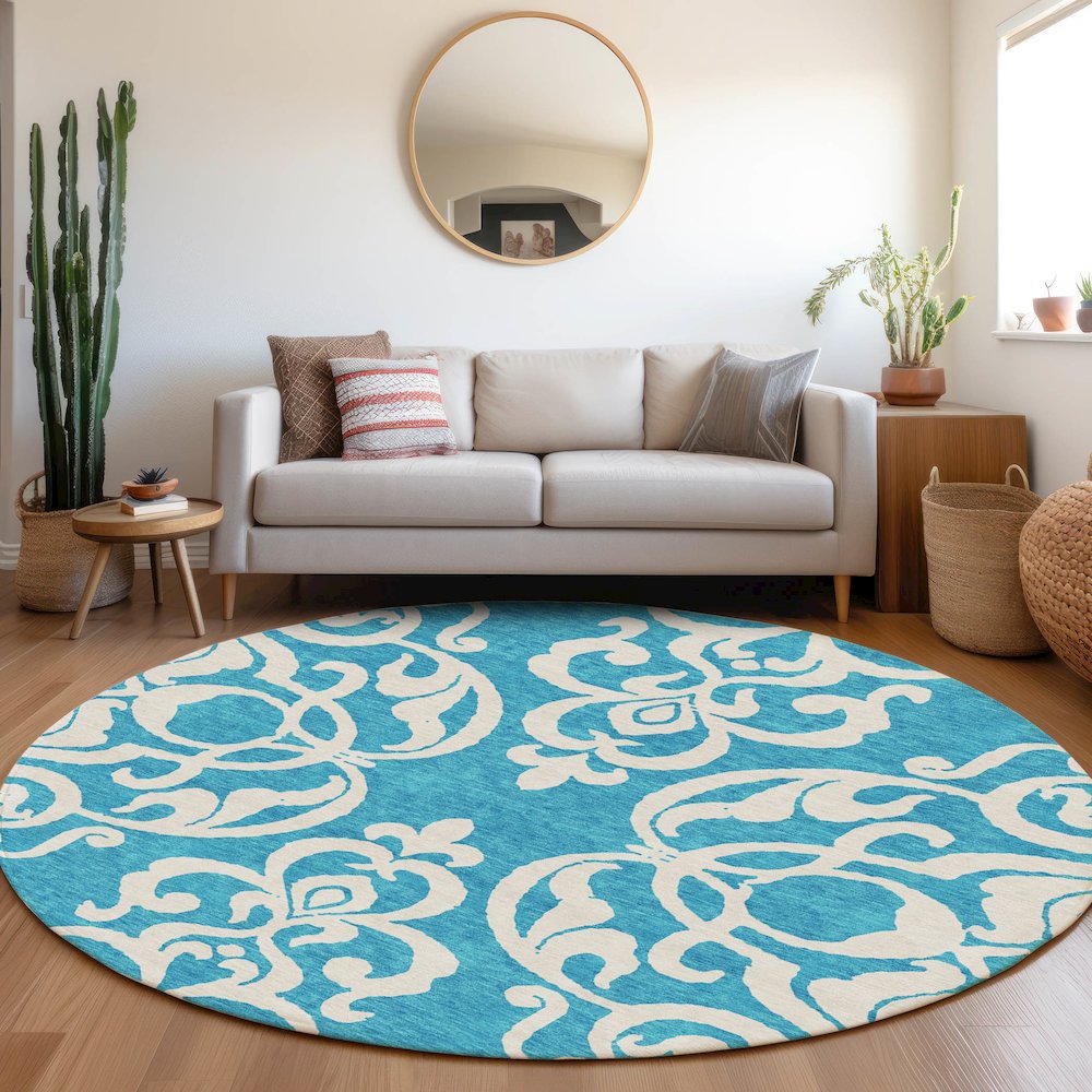 Premium Machine Washable Mayfield AMF973 Turquoise 8' x 8' Round Rug. Picture 5