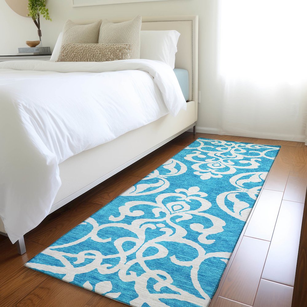 Premium Machine Washable Mayfield AMF973 Turquoise 2'3" x 7'6" Runner Rug. Picture 5