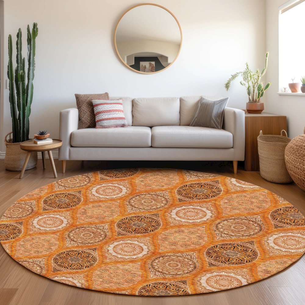 Premium Machine Washable Mayfield AMF976 Orange 8' x 8' Round Rug. Picture 5