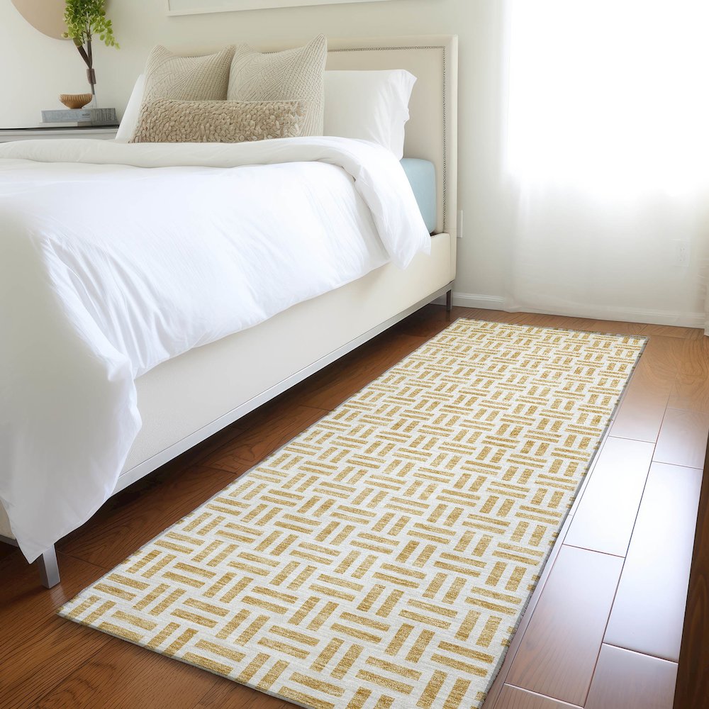 Premium Machine Washable Mayfield AMF978 Gold 2'3" x 7'6" Runner Rug. Picture 5