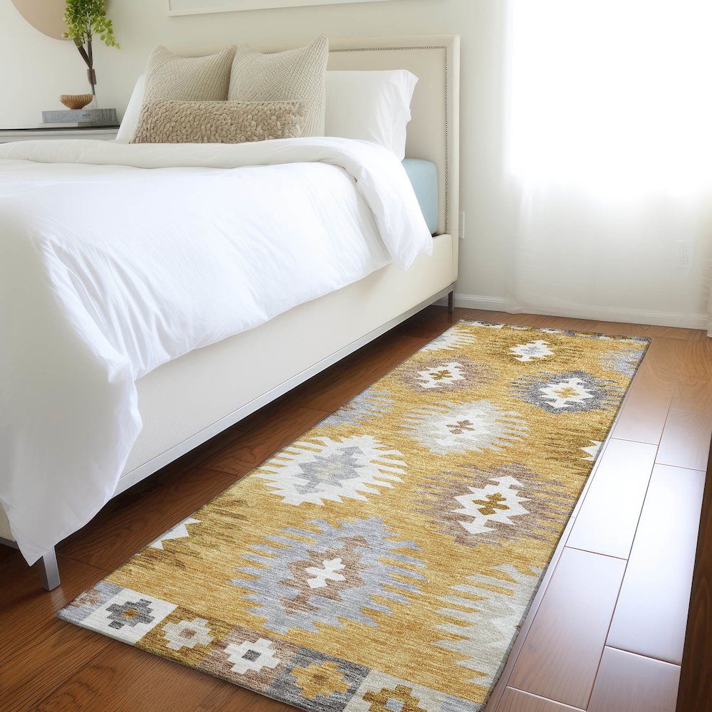 Premium Machine Washable Mayfield AMF983 Gold 2'3" x 7'6" Runner Rug. Picture 5