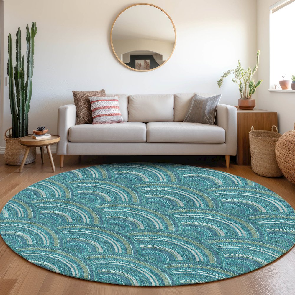 Premium Machine Washable Mayfield AMF984 Teal 8' x 8' Round Rug. Picture 5