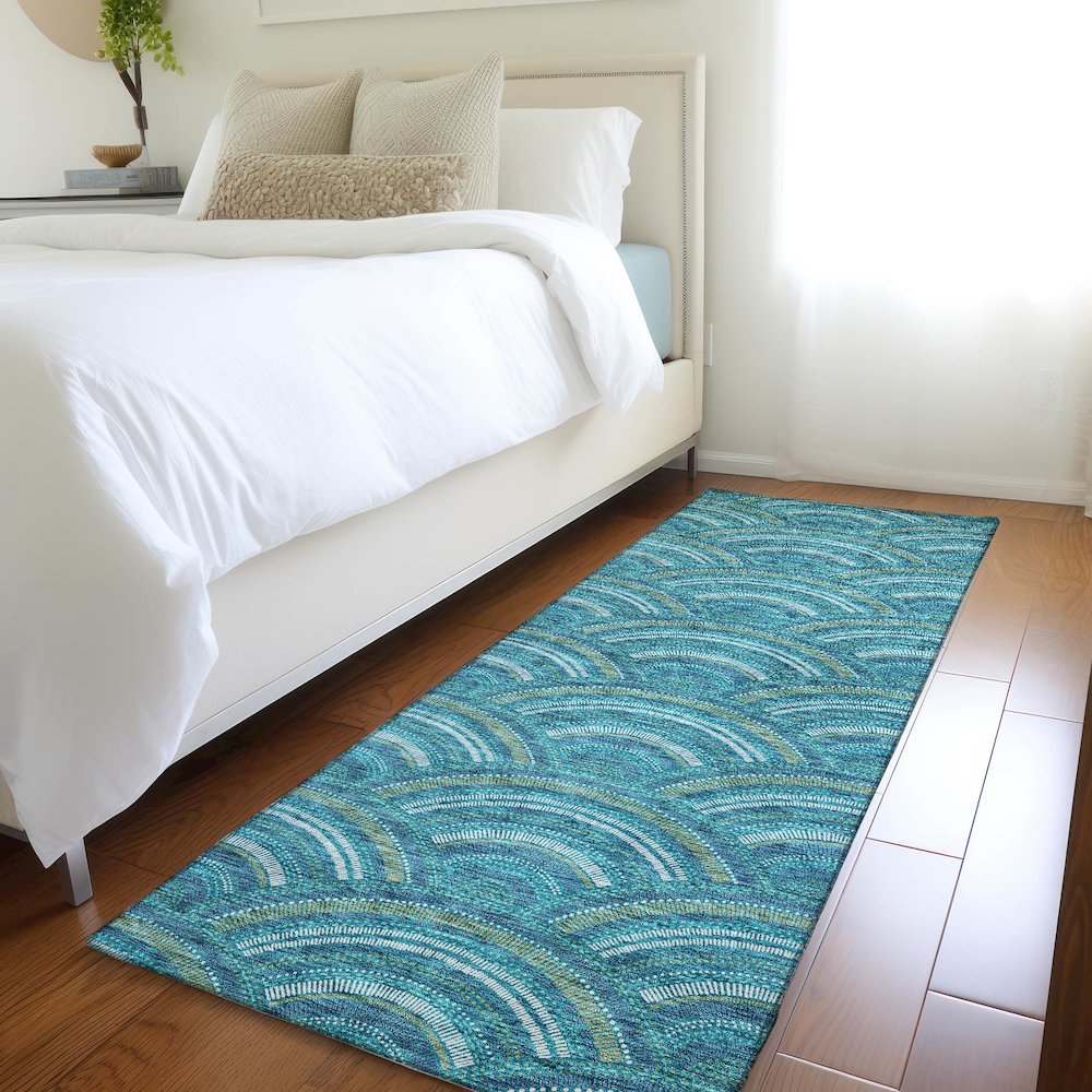 Premium Machine Washable Mayfield AMF984 Teal 2'3" x 7'6" Runner Rug. Picture 5