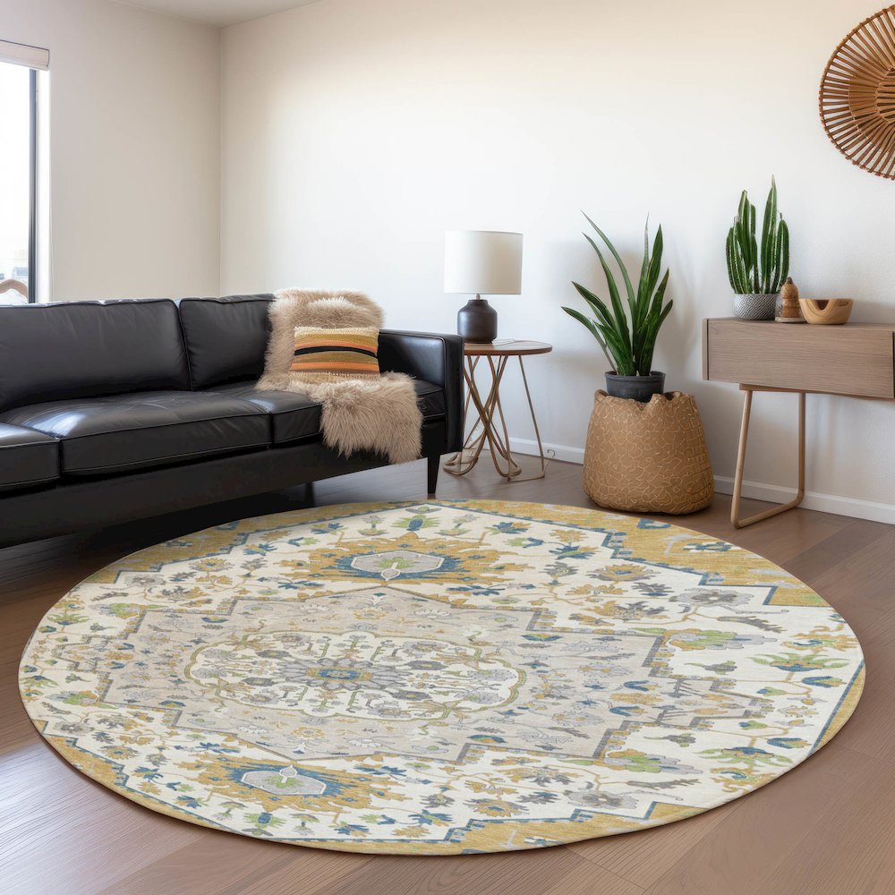 Premium Machine Washable Mayfield AMF985 Gold 8' x 8' Round Rug. Picture 5