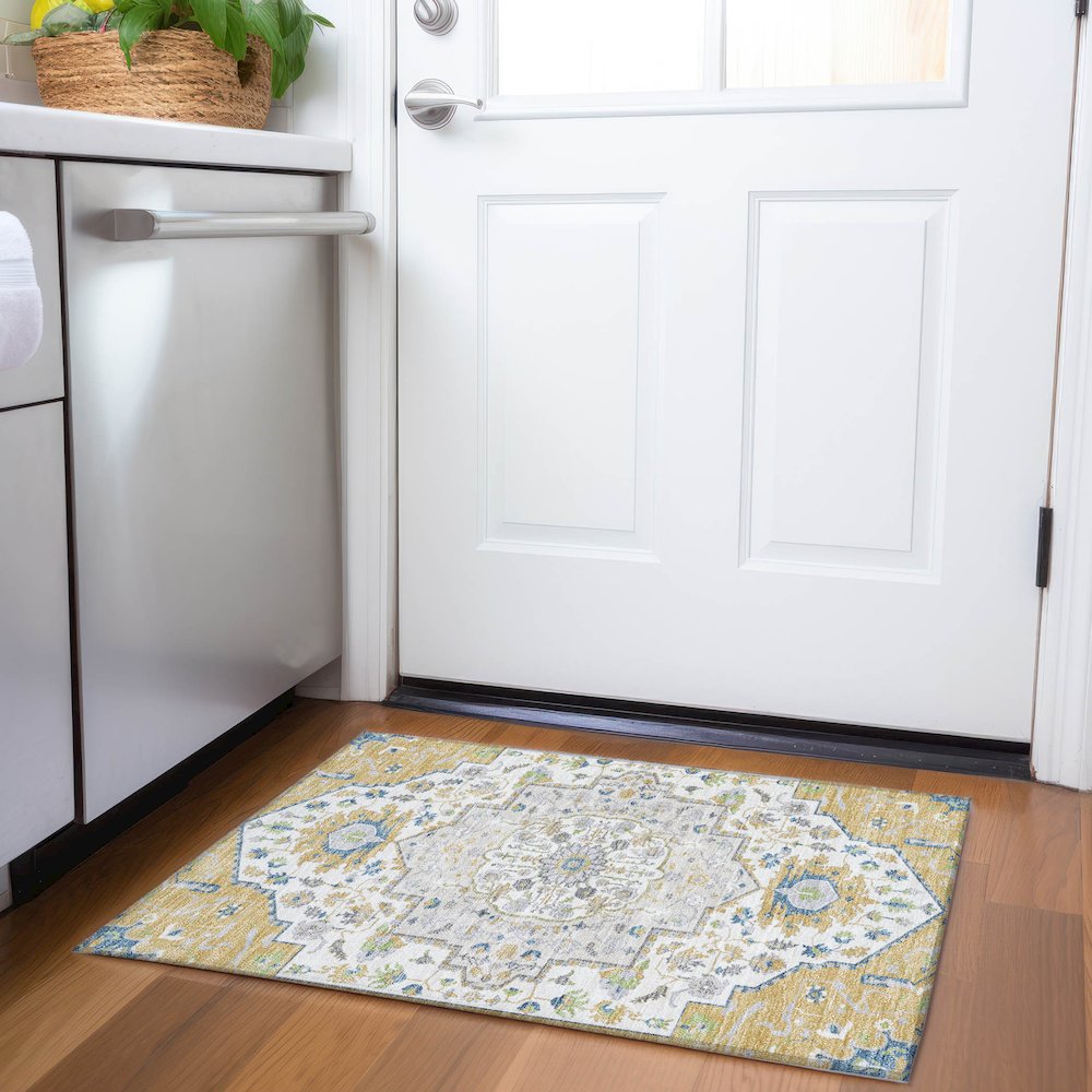 Premium Machine Washable Mayfield AMF985 Gold 1'8" x 2'6" Rug. Picture 5