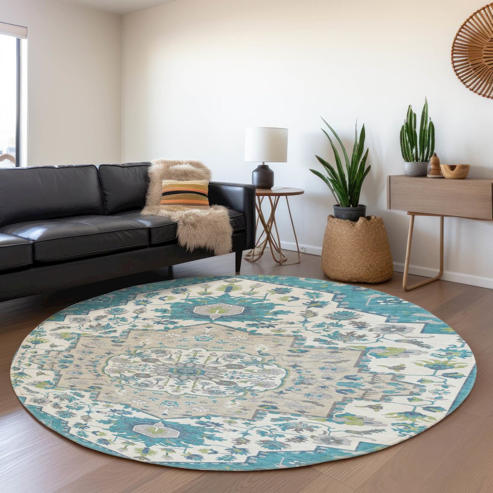 Premium Machine Washable Mayfield AMF985 Teal 8' x 8' Round Rug. Picture 5
