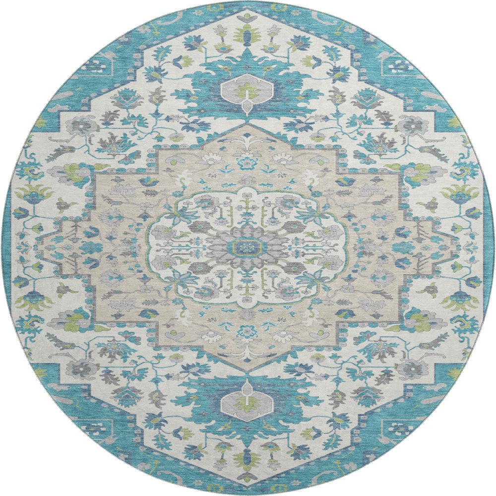 Premium Machine Washable Mayfield AMF985 Teal 8' x 8' Round Rug. Picture 1