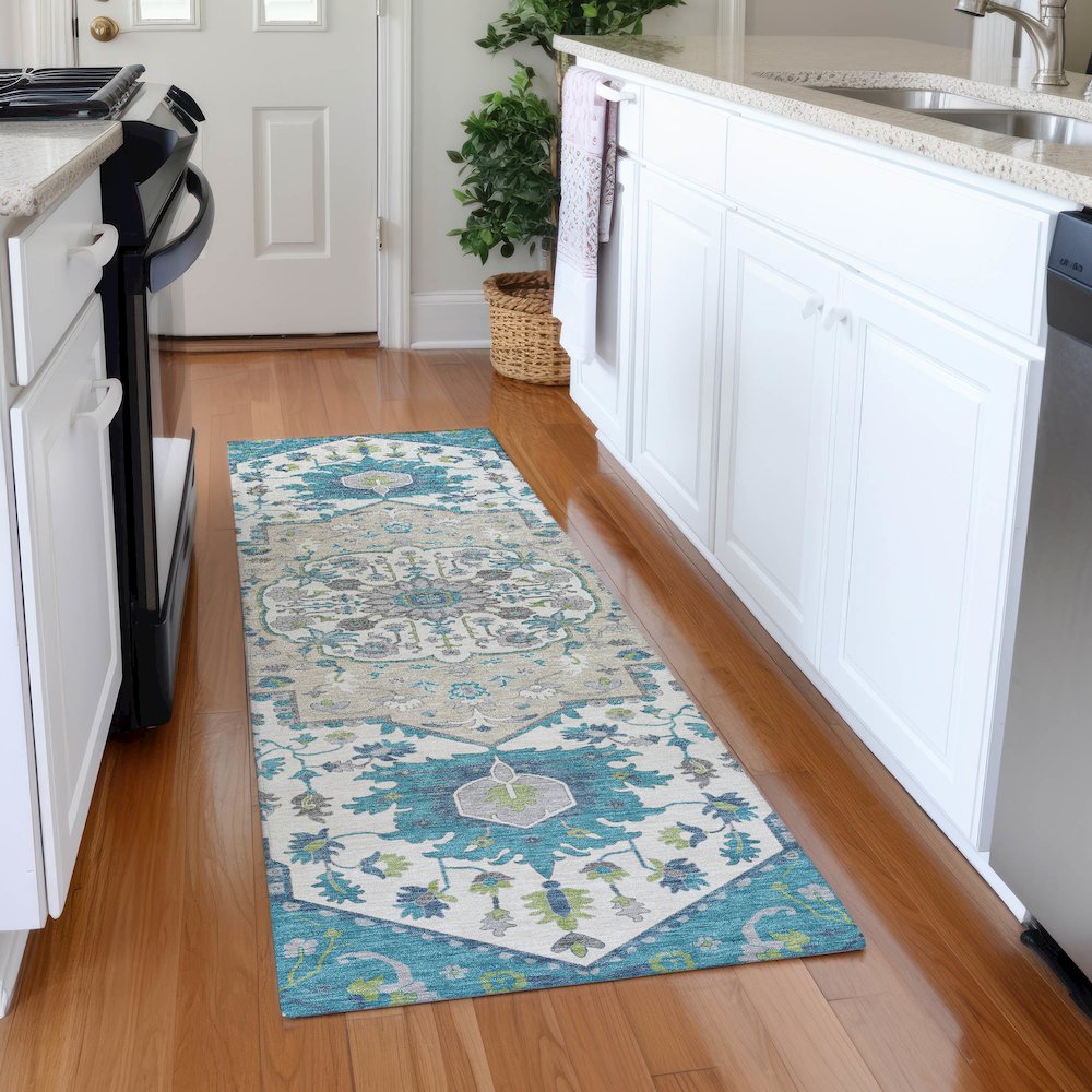 Premium Machine Washable Mayfield AMF985 Teal 2'3" x 7'6" Runner Rug. Picture 5