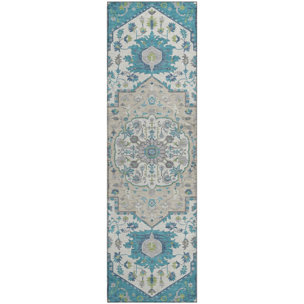 Premium Machine Washable Mayfield AMF985 Teal 2'3" x 7'6" Runner Rug. Picture 1