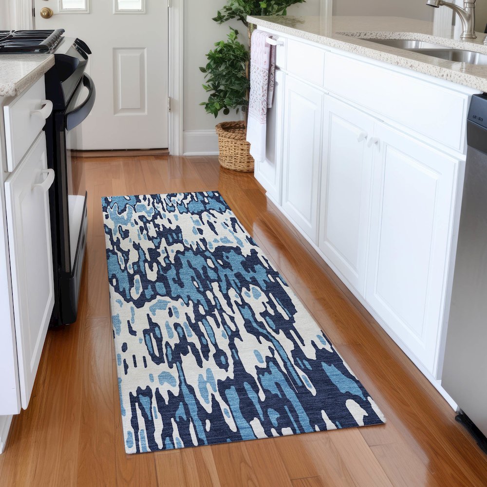 Premium Machine Washable Mayfield AMF986 Blue 2'3" x 7'6" Runner Rug. Picture 5