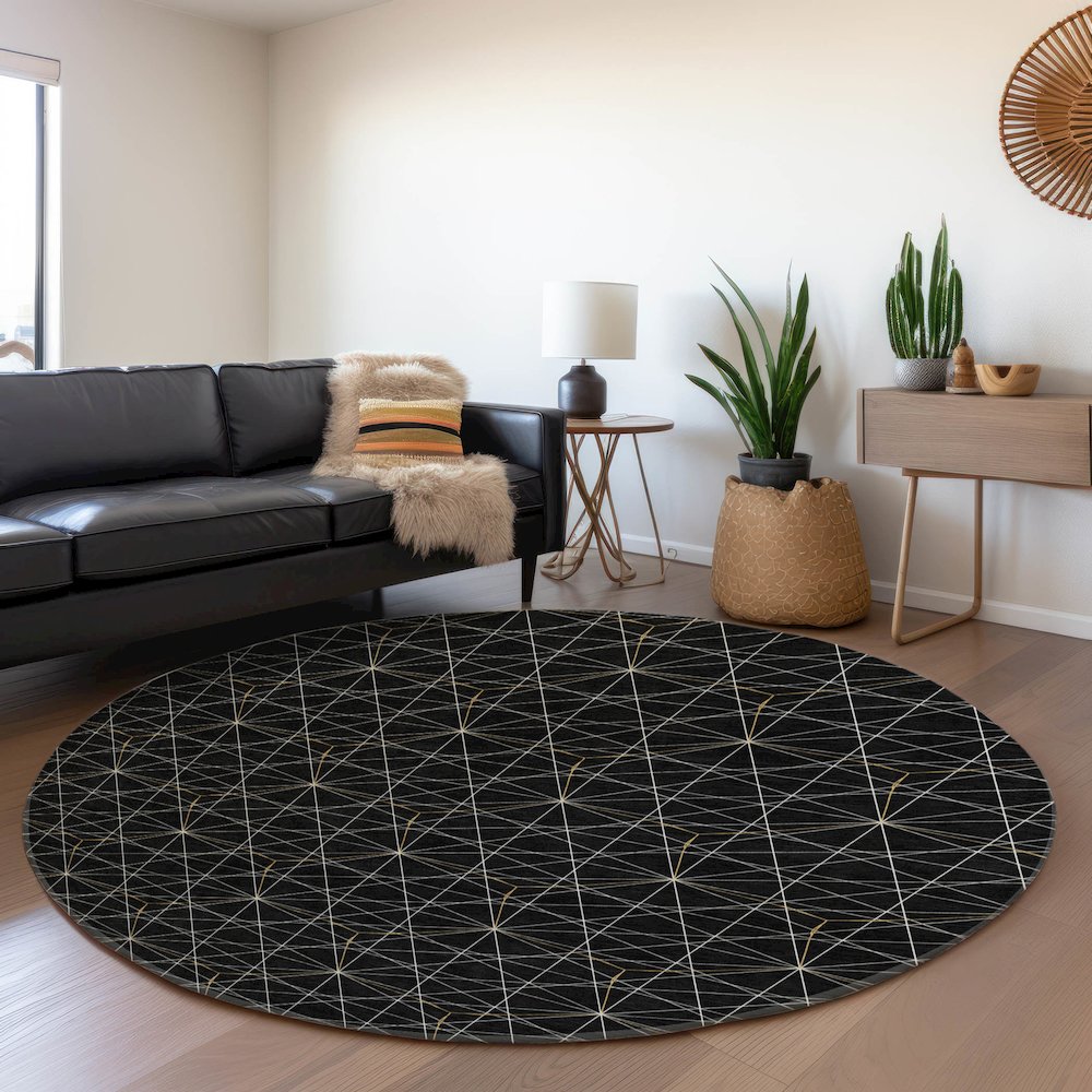 Premium Machine Washable Mayfield AMF987 Black 8' x 8' Round Rug. Picture 5