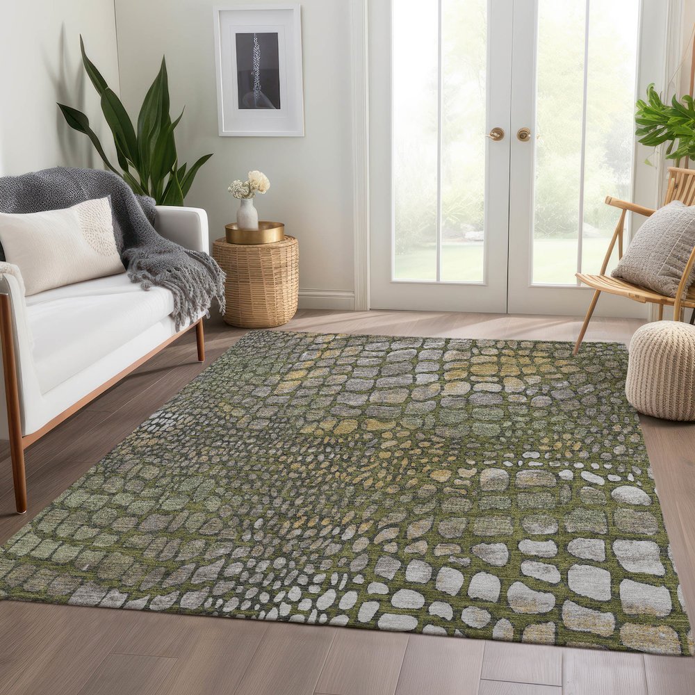 Premium Machine Washable Mayfield AMF988 Olive 2'6" x 3'10" Rug. Picture 6