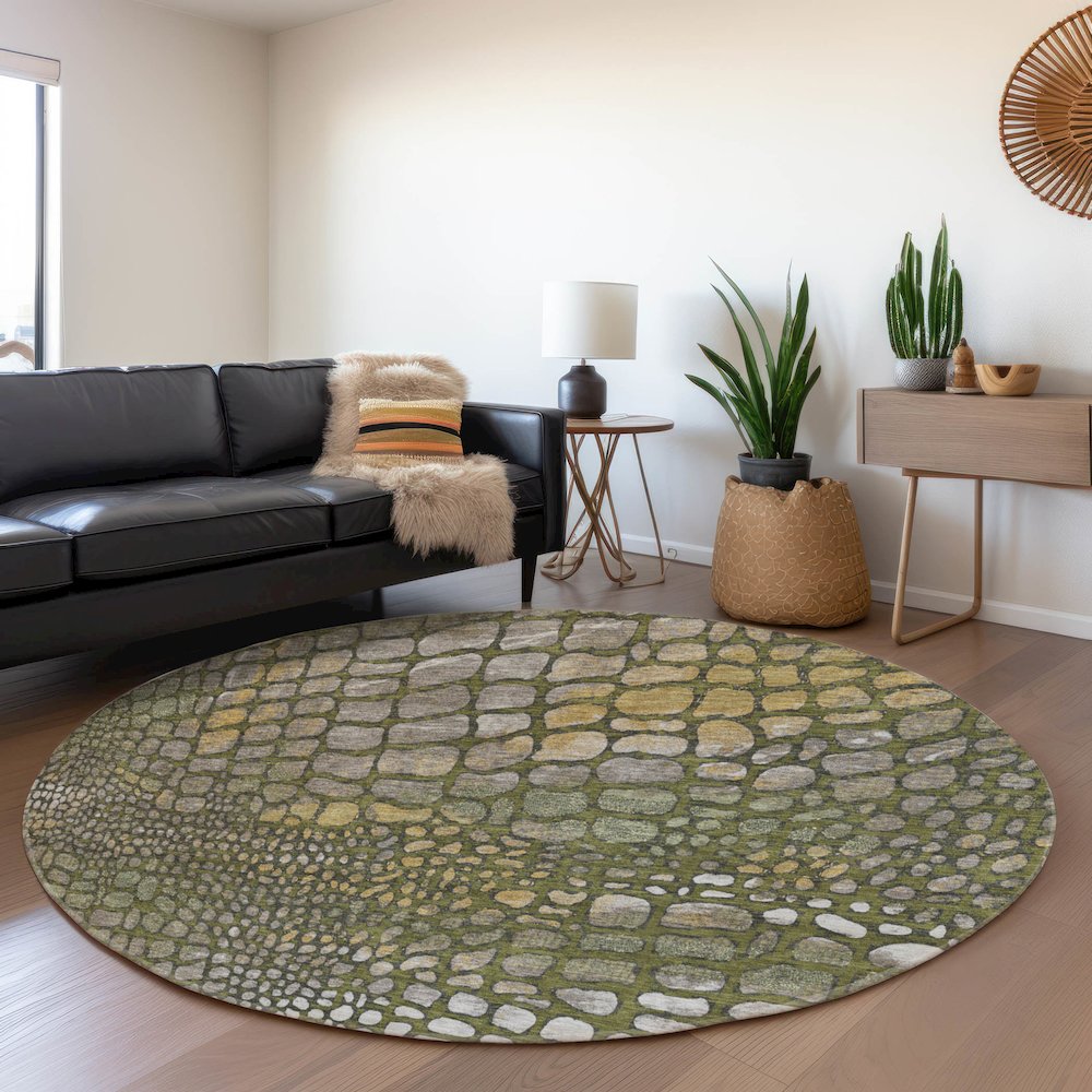 Premium Machine Washable Mayfield AMF988 Olive 8' x 8' Round Rug. Picture 5