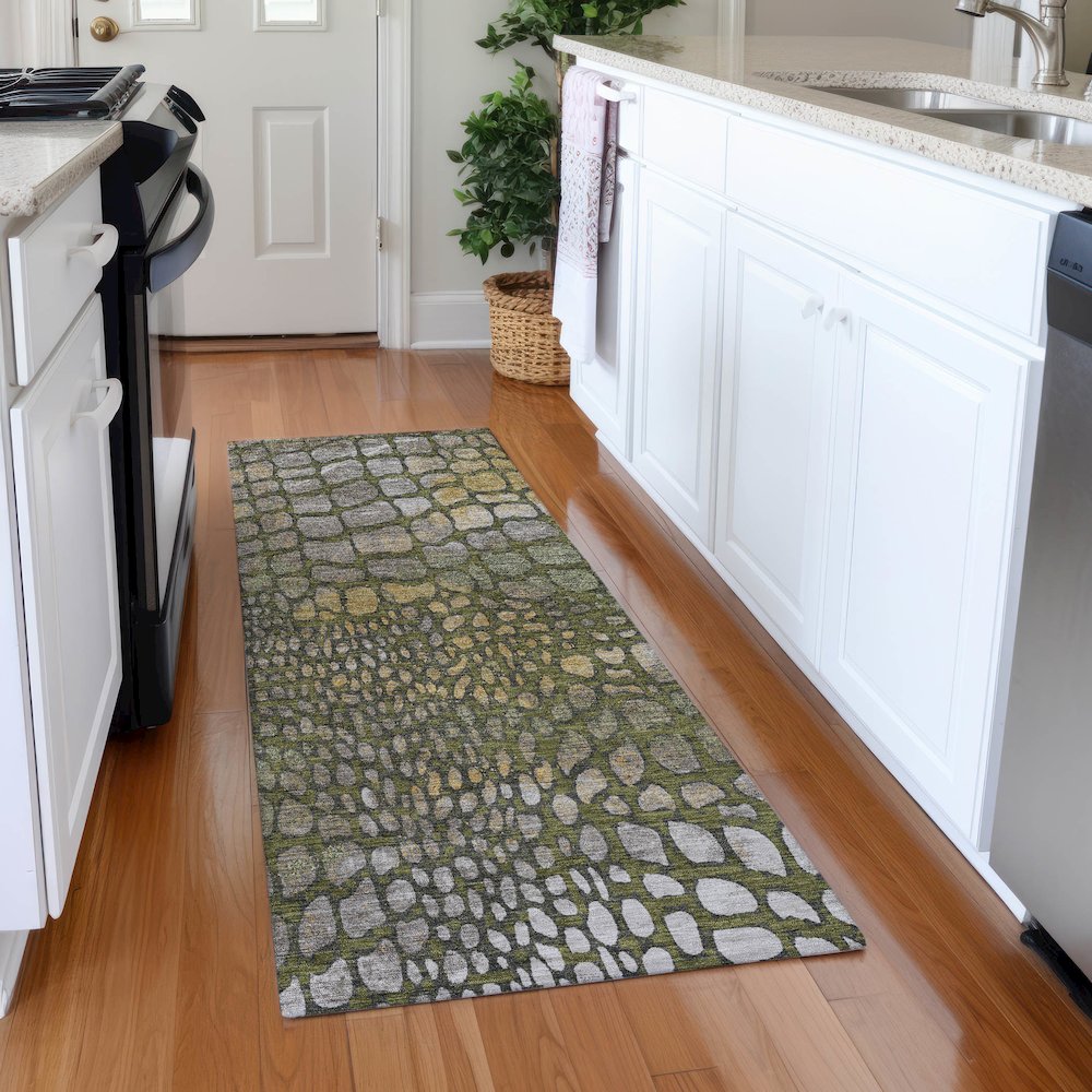 Premium Machine Washable Mayfield AMF988 Olive 2'3" x 7'6" Runner Rug. Picture 5