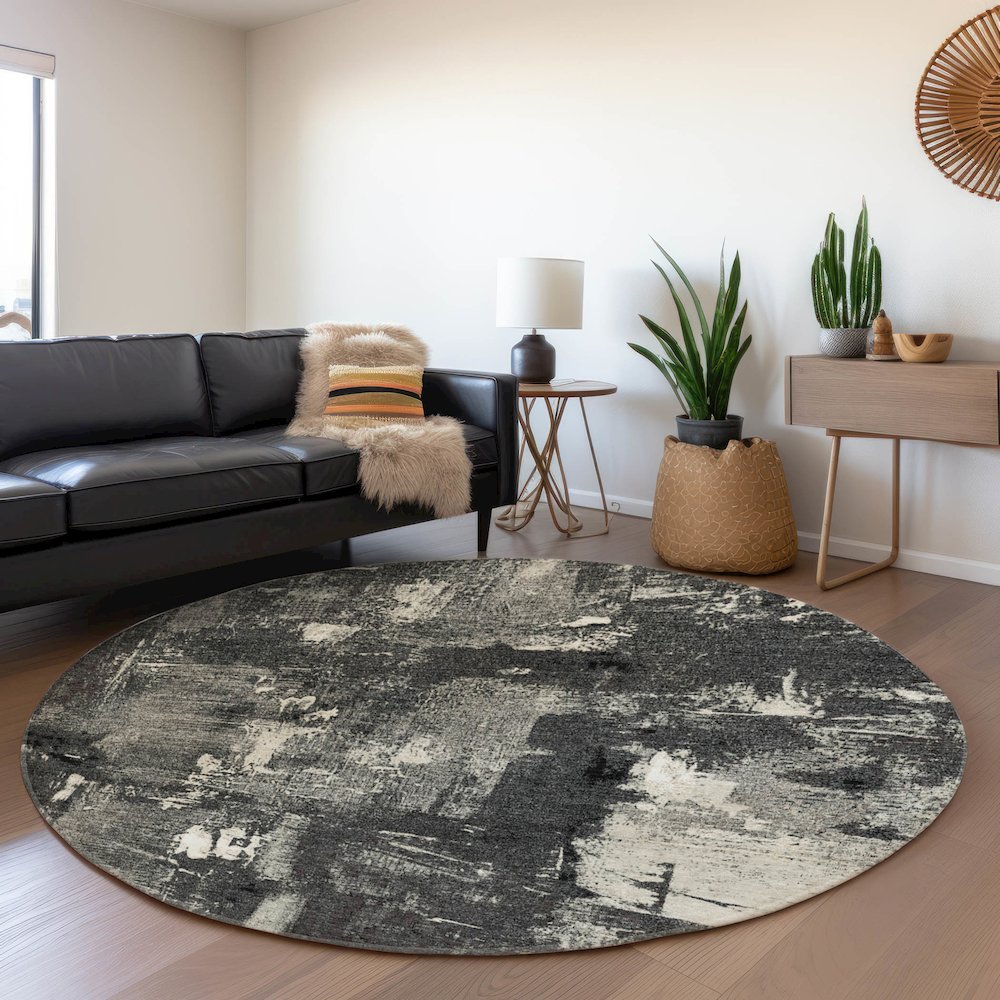 Premium Machine Washable Mayfield AMF989 Black 8' x 8' Round Rug. Picture 5