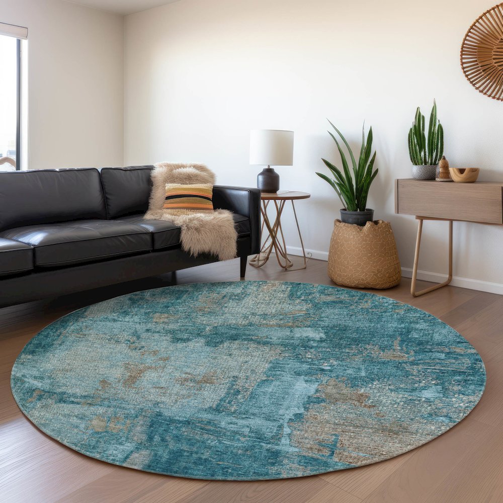 Premium Machine Washable Mayfield AMF989 Teal 8' x 8' Round Rug. Picture 5