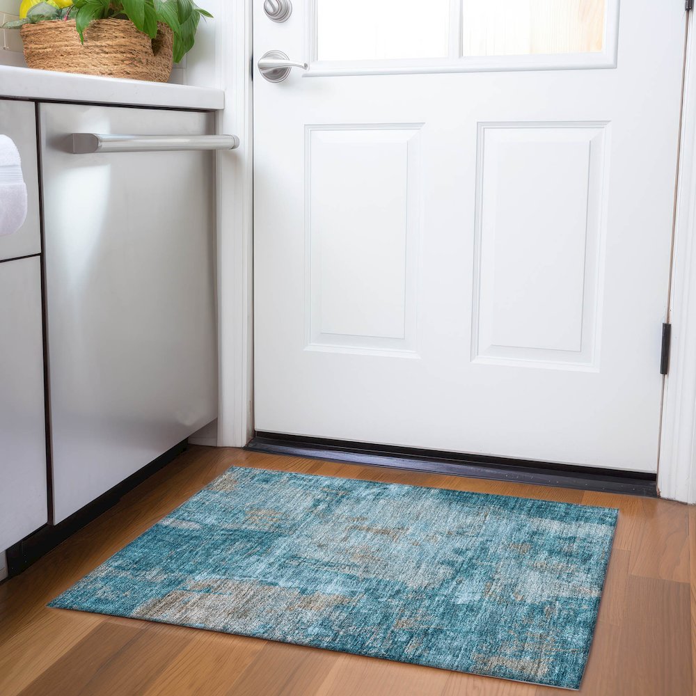 Premium Machine Washable Mayfield AMF989 Teal 1'8" x 2'6" Rug. Picture 5