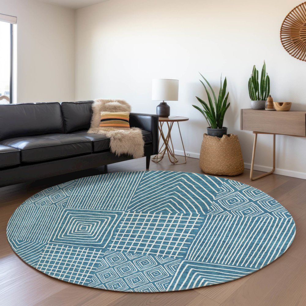 Premium Machine Washable Mayfield AMF990 Teal 8' x 8' Round Rug. Picture 5