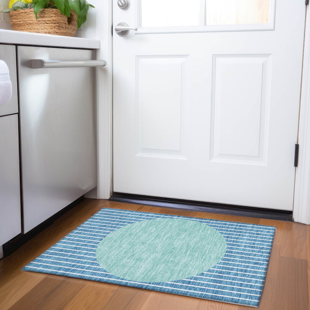 Premium Machine Washable Mayfield AMF994 Teal 1'8" x 2'6" Rug. Picture 5