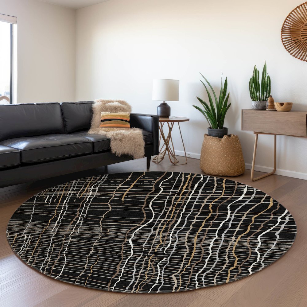 Premium Machine Washable Mayfield AMF998 Black 8' x 8' Round Rug. Picture 5