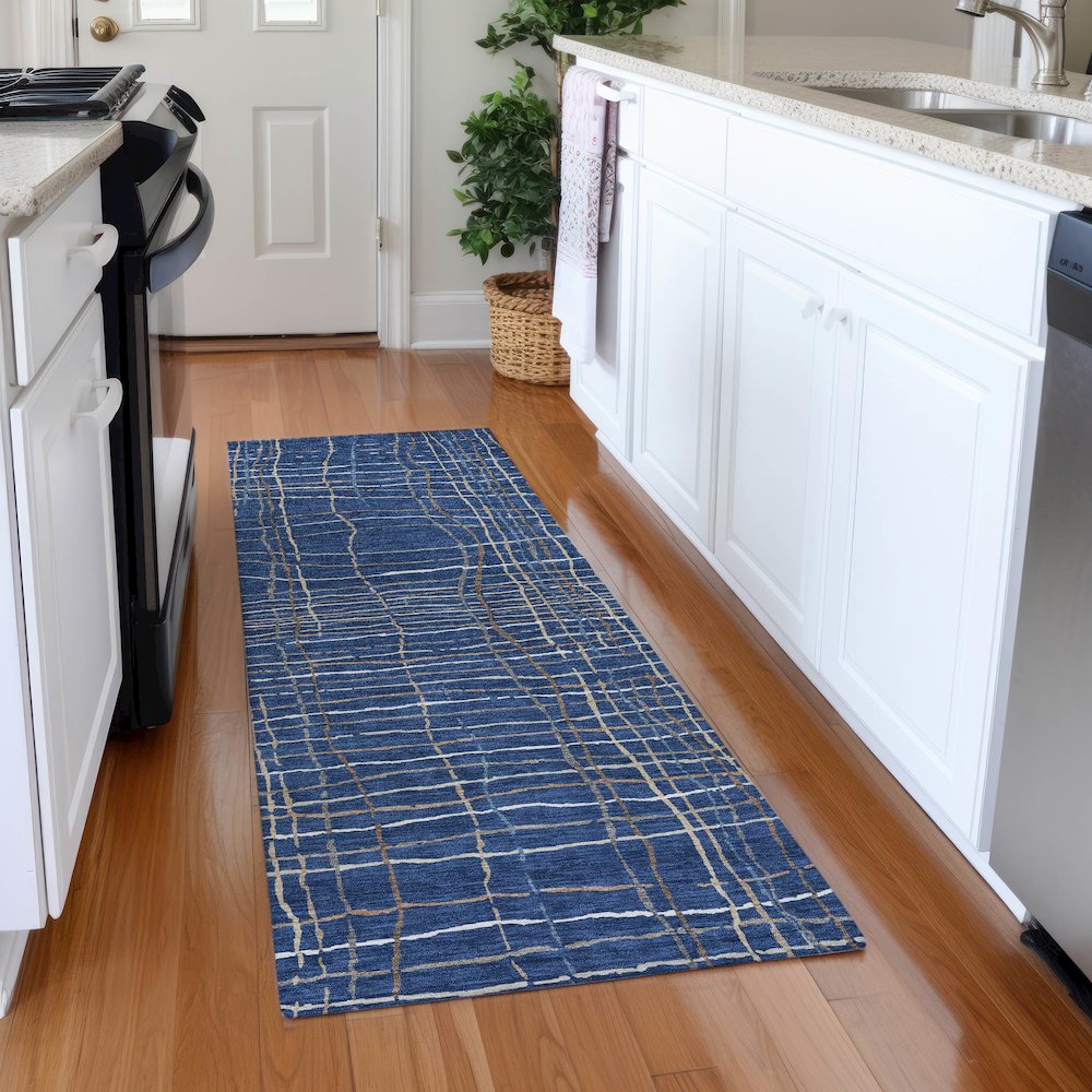 Premium Machine Washable Mayfield AMF998 Navy 2'3" x 7'6" Runner Rug. Picture 5
