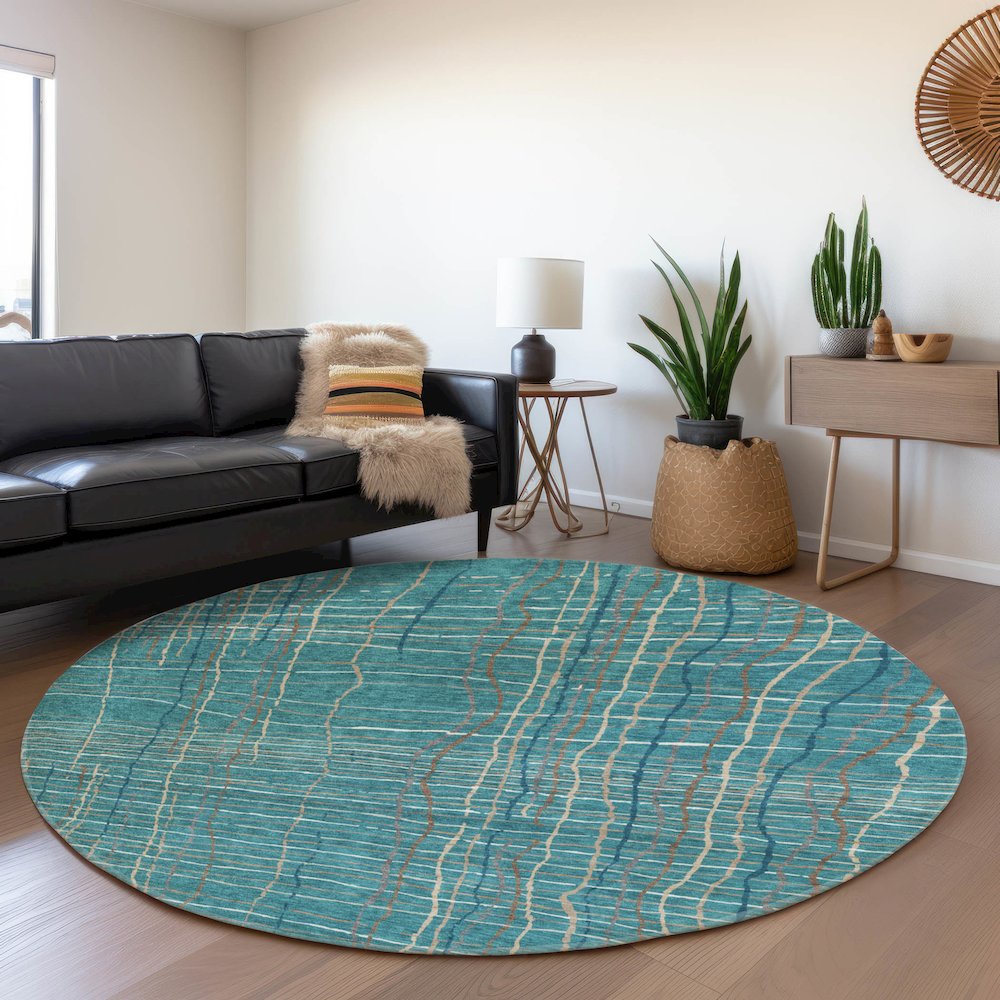 Premium Machine Washable Mayfield AMF998 Teal 8' x 8' Round Rug. Picture 5