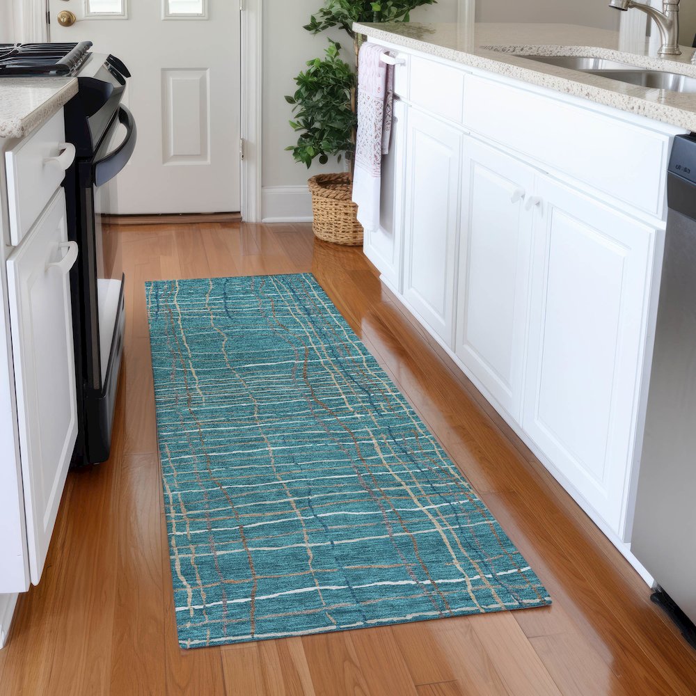 Premium Machine Washable Mayfield AMF998 Teal 2'3" x 7'6" Runner Rug. Picture 5