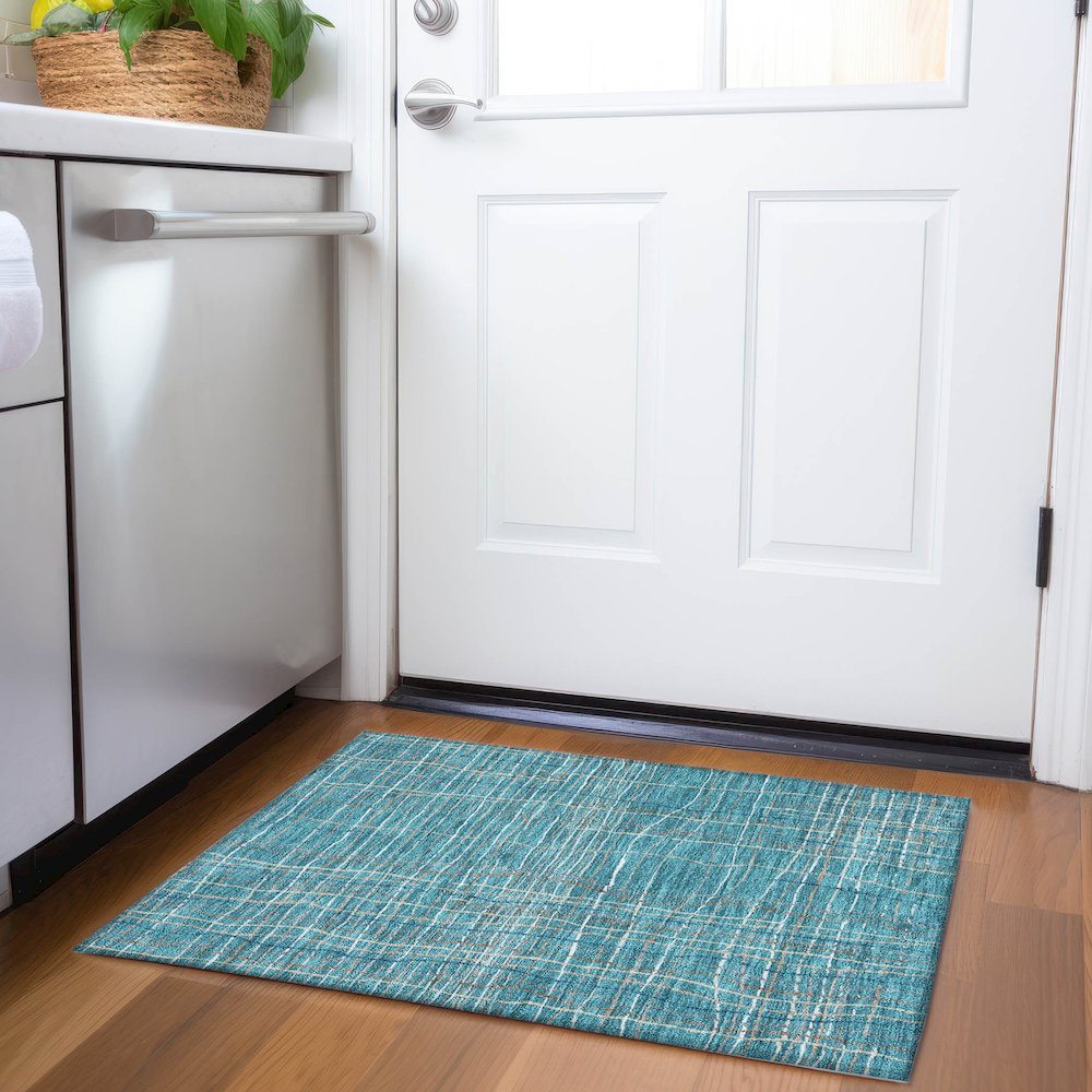 Premium Machine Washable Mayfield AMF998 Teal 1'8" x 2'6" Rug. Picture 5
