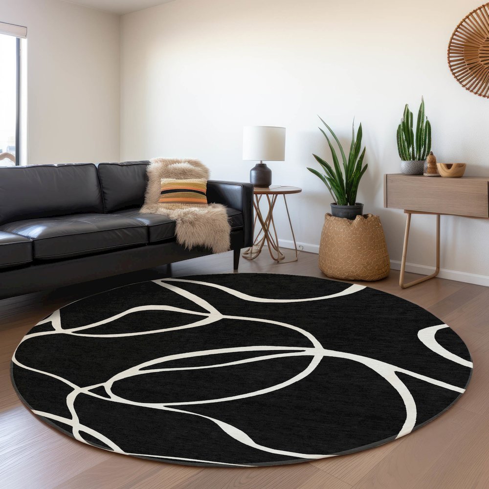 Premium Machine Washable Mayfield AMF999 Black 8' x 8' Round Rug. Picture 5