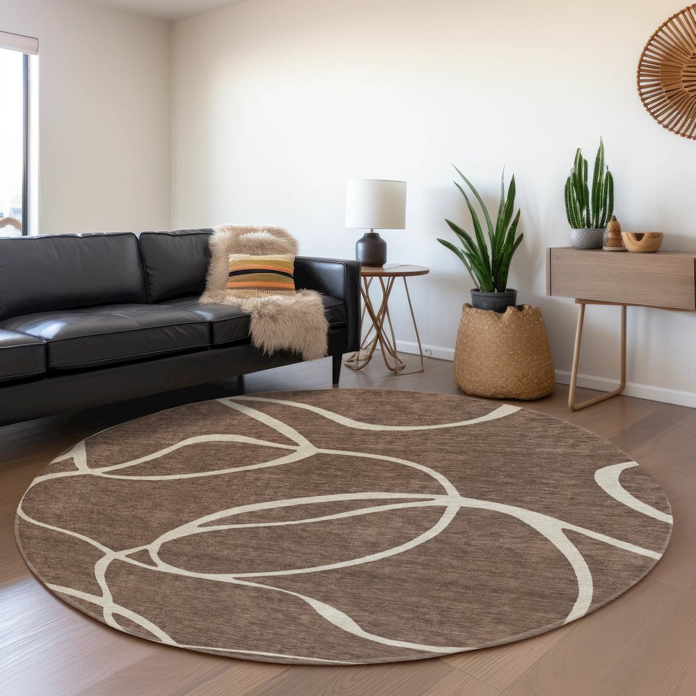 Premium Machine Washable Mayfield AMF999 Brown 8' x 8' Round Rug. Picture 5