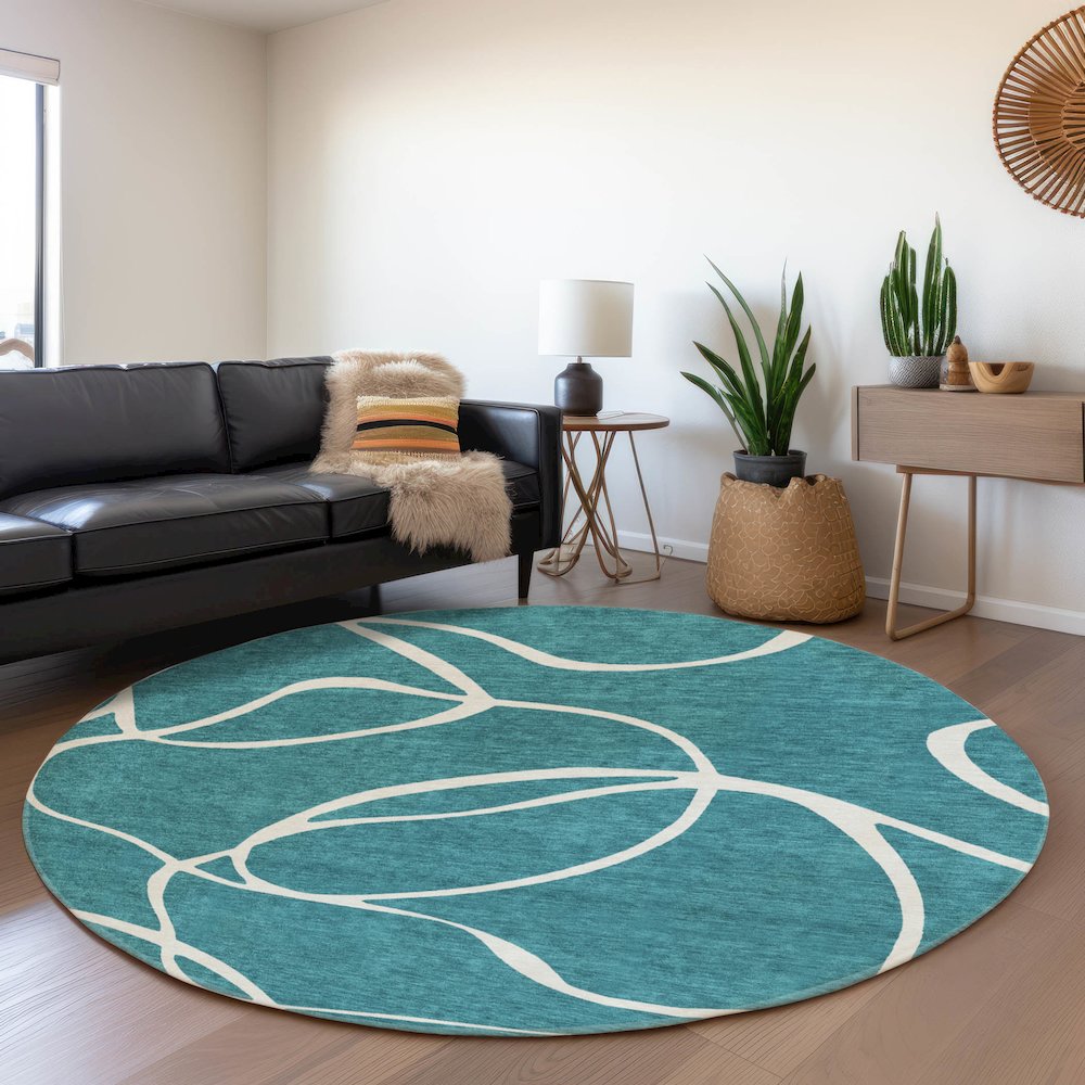 Premium Machine Washable Mayfield AMF999 Teal 8' x 8' Round Rug. Picture 5