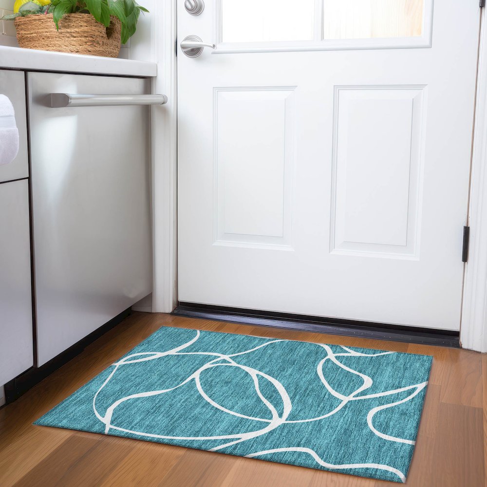 Premium Machine Washable Mayfield AMF999 Teal 1'8" x 2'6" Rug. Picture 5