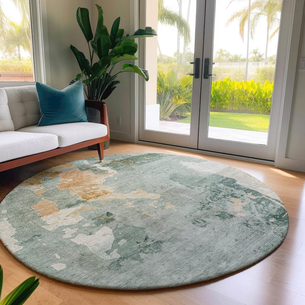 Luxury Washable Indoor/Outdoor Bresca Seafoam 8' x 8' Round Rug. Picture 5
