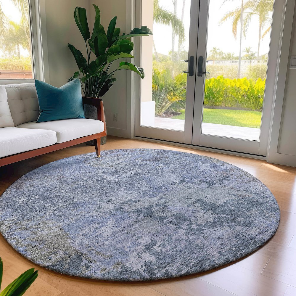 Luxury Washable Indoor/Outdoor Bresca Blue 8' x 8' Round Rug. Picture 5