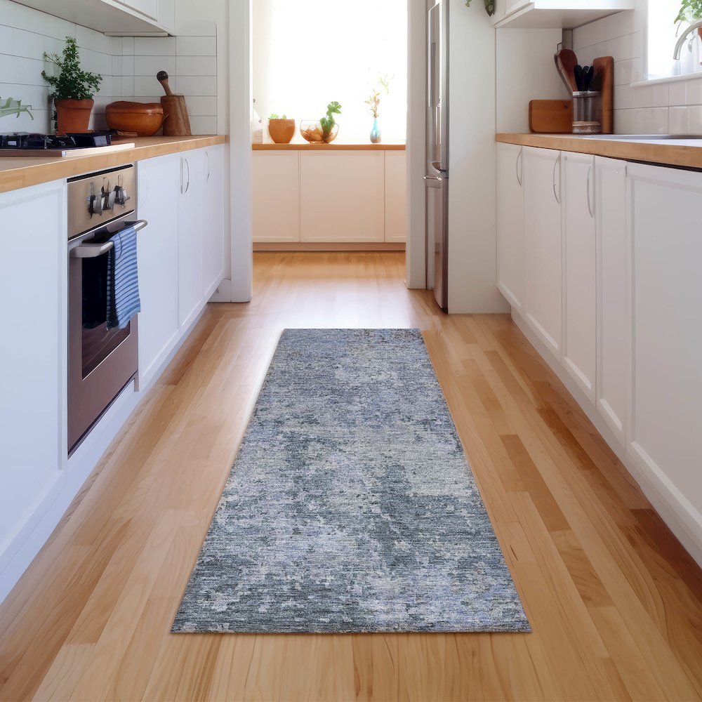 Luxury Washable Indoor/Outdoor Bresca Blue 2'3" x 7'6" Runner Rug. Picture 5