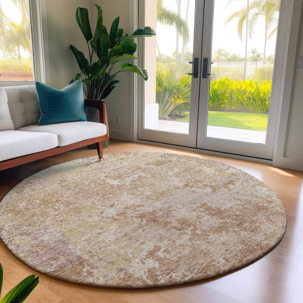 Luxury Washable Indoor/Outdoor Bresca Copper 8' x 8' Round Rug. Picture 5