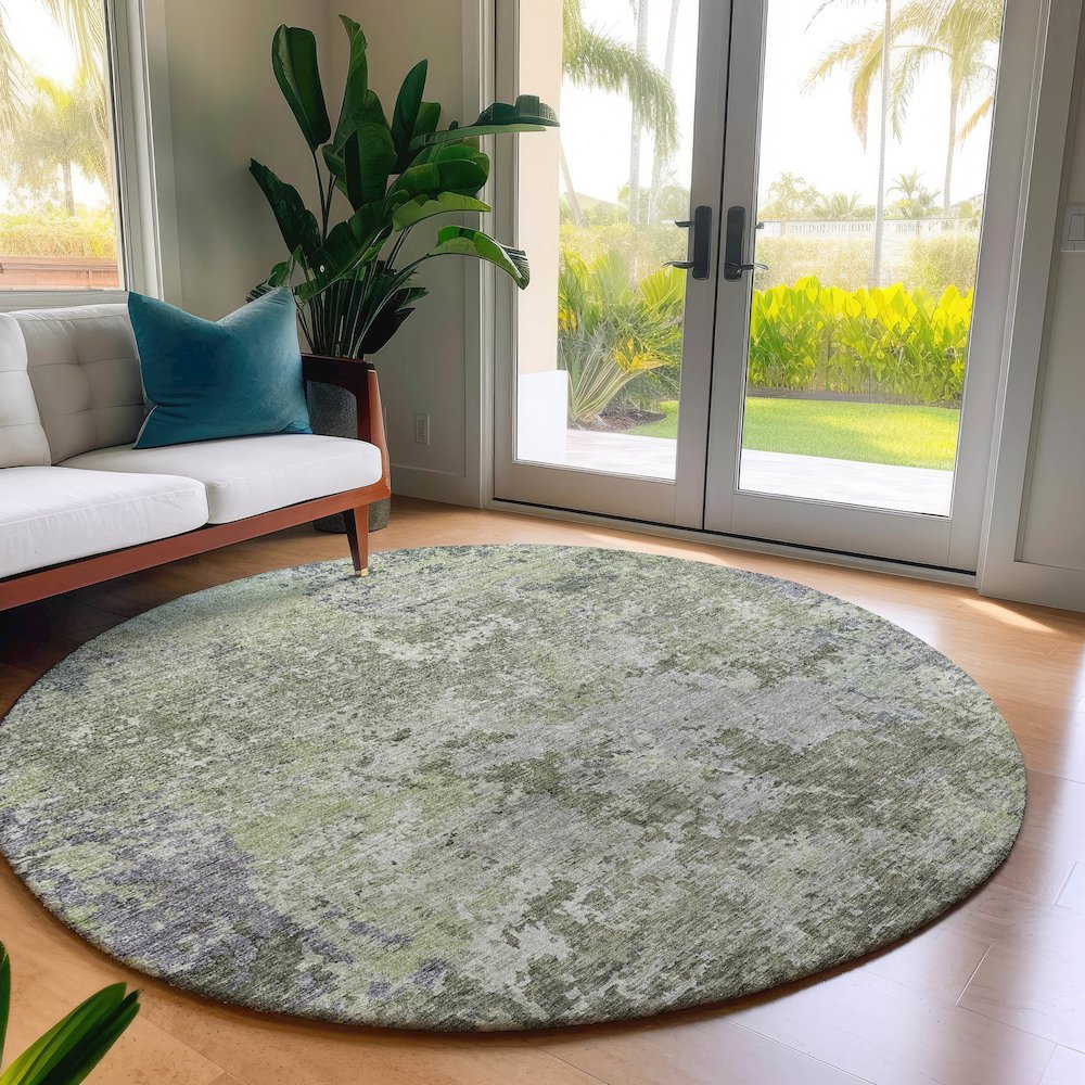 Luxury Washable Indoor/Outdoor Bresca Green 8' x 8' Round Rug. Picture 5