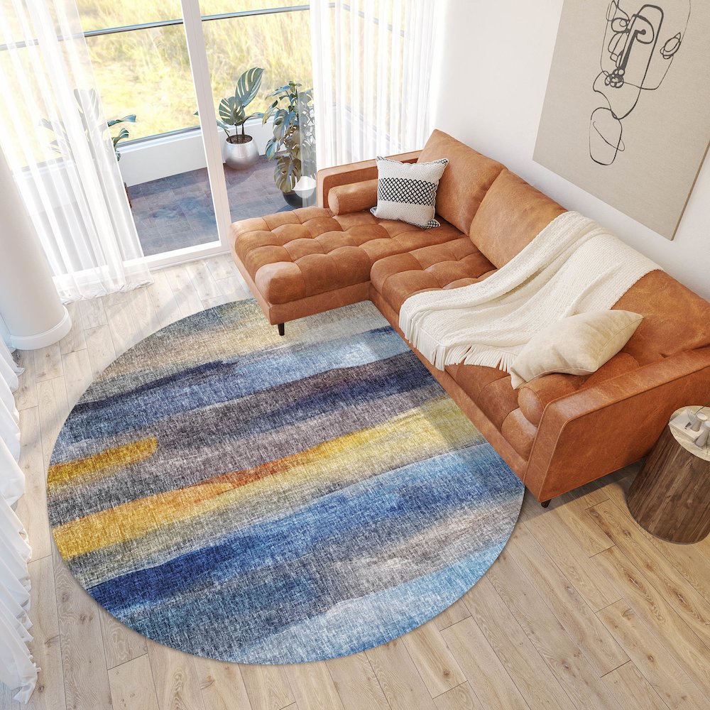 Luxury Washable Boca Blue 8' x 8' Round Rug. Picture 5