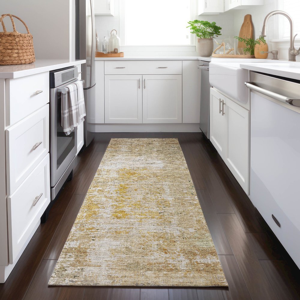 Luxury Washable Indoor/Outdoor Burano Gold 2'3" x 7'6" Runner Rug. Picture 5