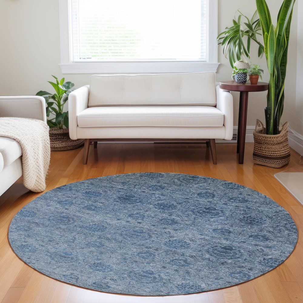 Luxury Washable Indoor/Outdoor Burano Blue 8' x 8' Round Rug. Picture 5