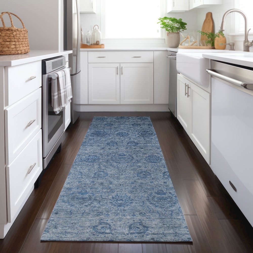 Luxury Washable Indoor/Outdoor Burano Blue 2'3" x 7'6" Runner Rug. Picture 5
