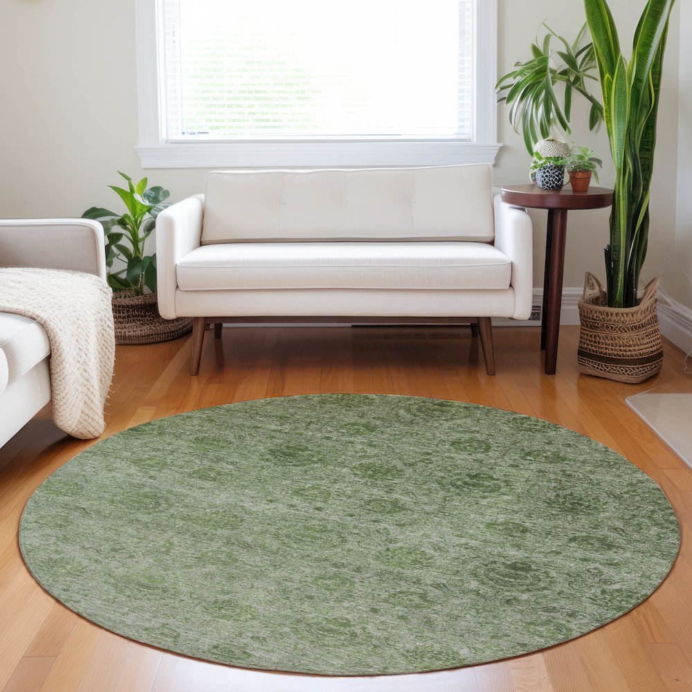Luxury Washable Indoor/Outdoor Burano Olive 8' x 8' Round Rug. Picture 5
